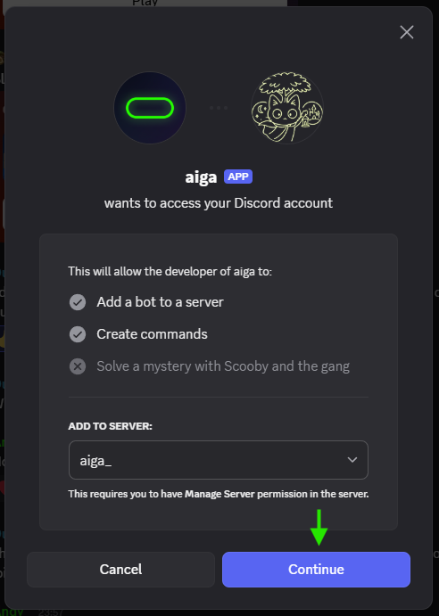 Discord asking which server to add the aiga_ bot to