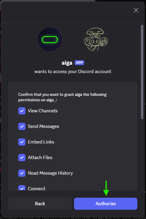 Discord listing the permissions the aiga_ bot needs, with the Authorize button