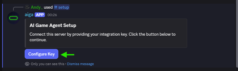 The bot’s private reply with the Configure Key button