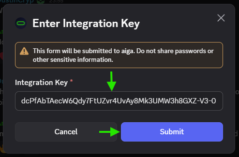 The Enter Integration Key window in Discord