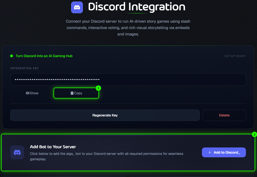 The Discord Integration page with the hidden integration key, the Copy button and the Add Bot to Your Server section highlighted
