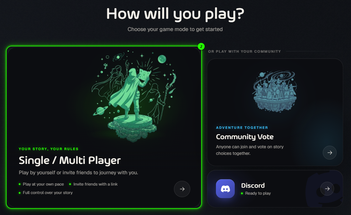How will you play? with Single / Multi Player highlighted, and Community Vote and Discord beside it
