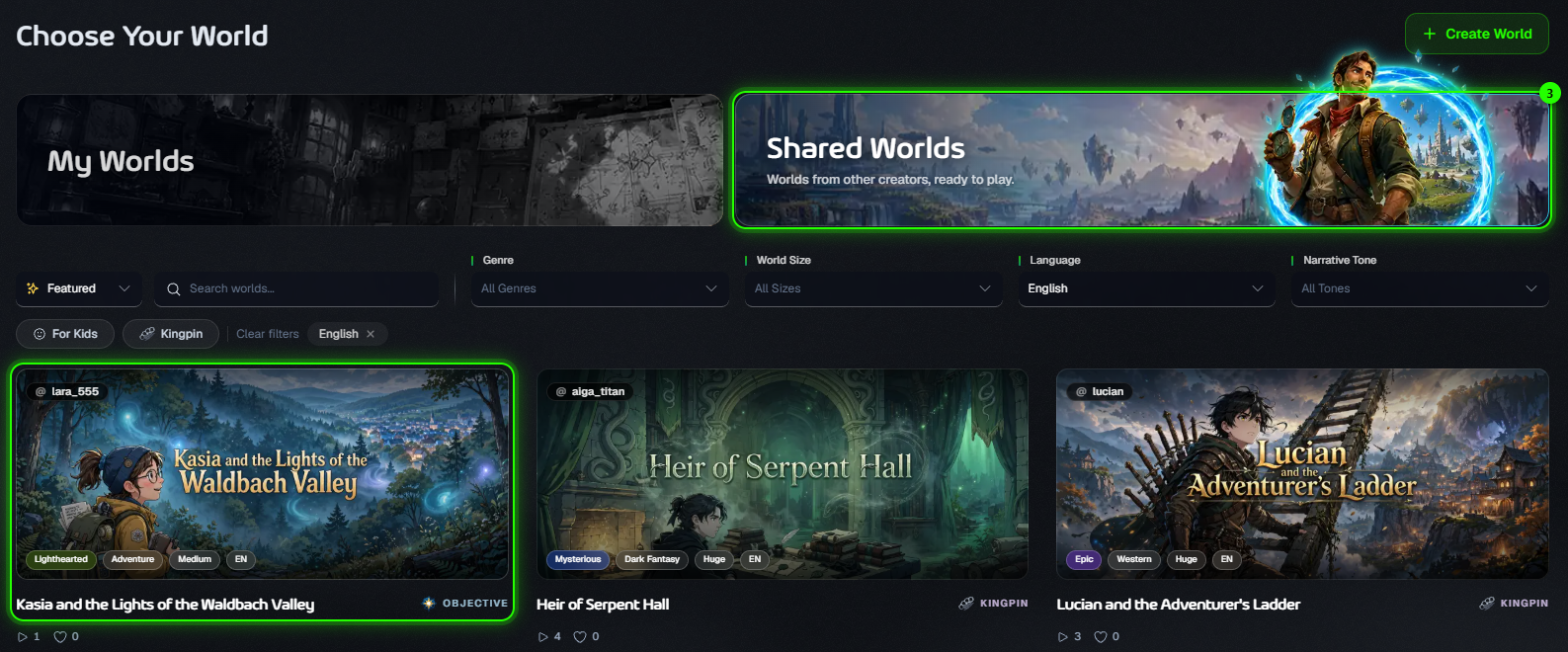 Choose Your World with the Shared Worlds tab and a world card highlighted