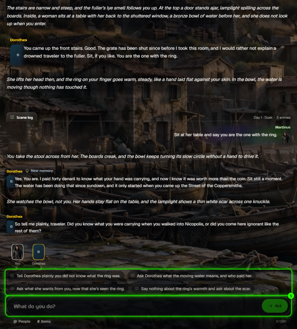 The play screen with suggested actions and the What do you do? box highlighted