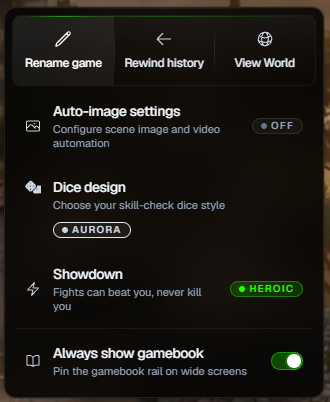 The game settings menu with Rename game, Rewind history, View World, Auto-image settings, Dice design, Showdown and Always show gamebook