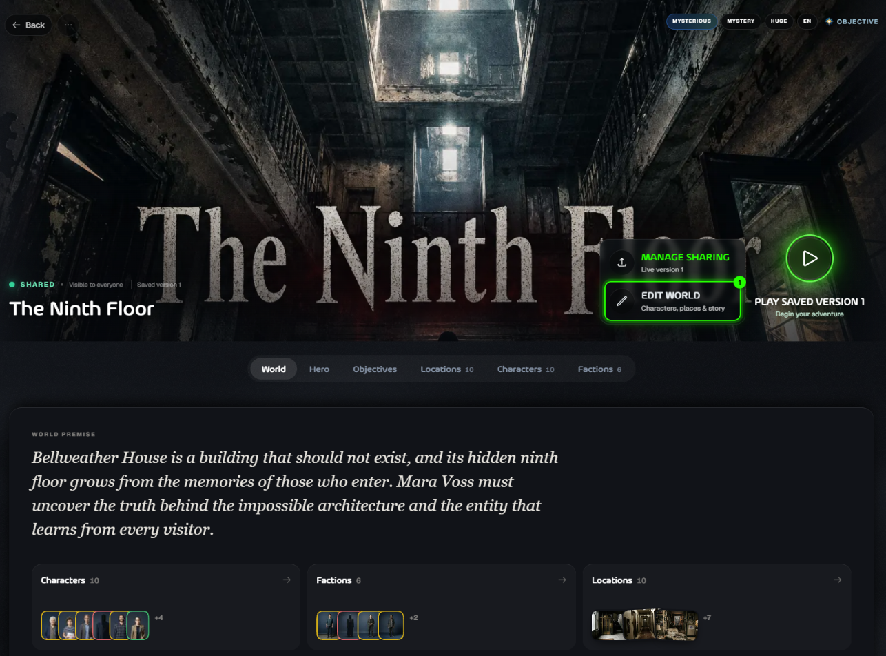 A world page with the Edit World button highlighted next to Manage Sharing and Play