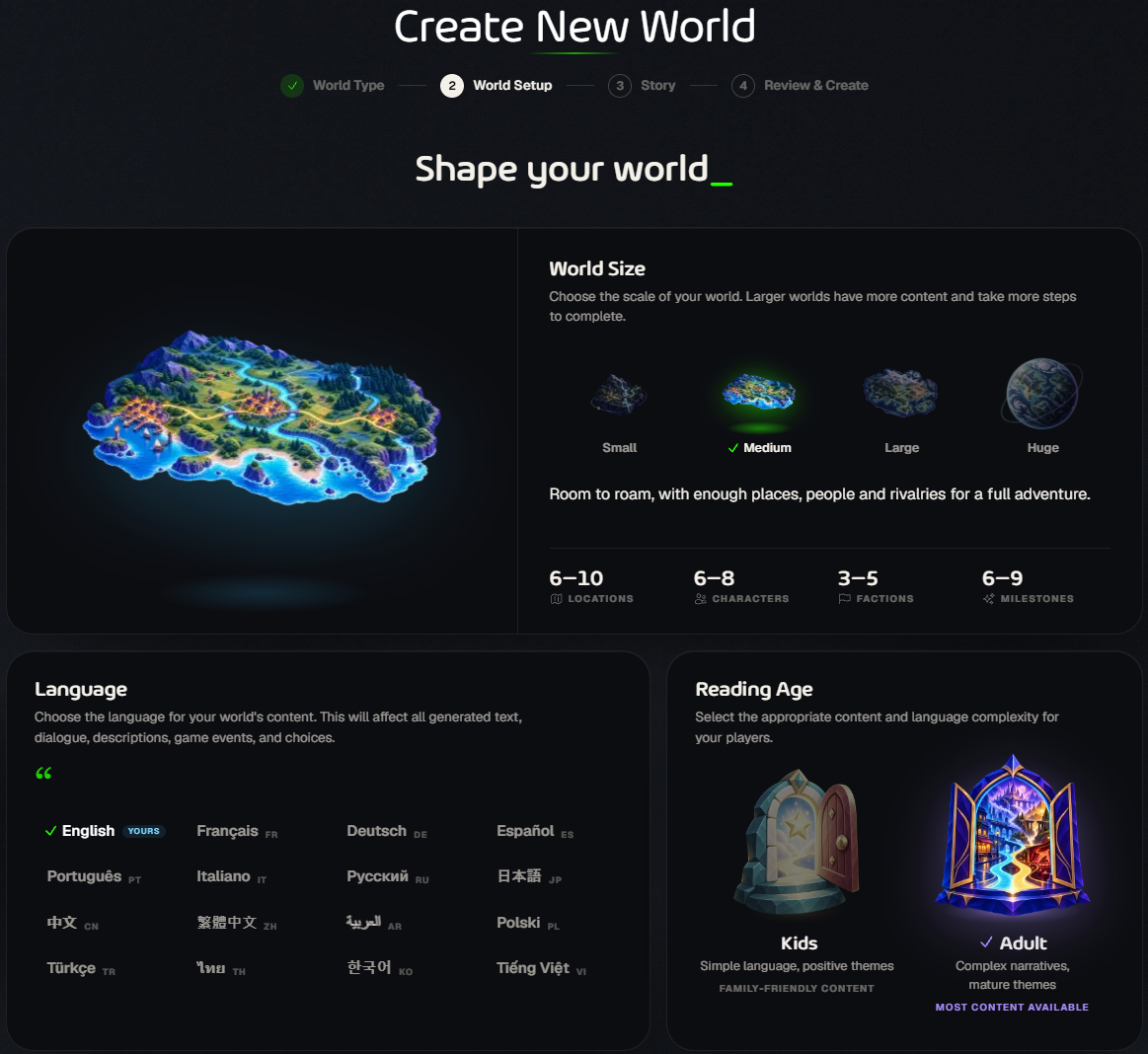 The World Setup step with World Size, Language and Reading Age