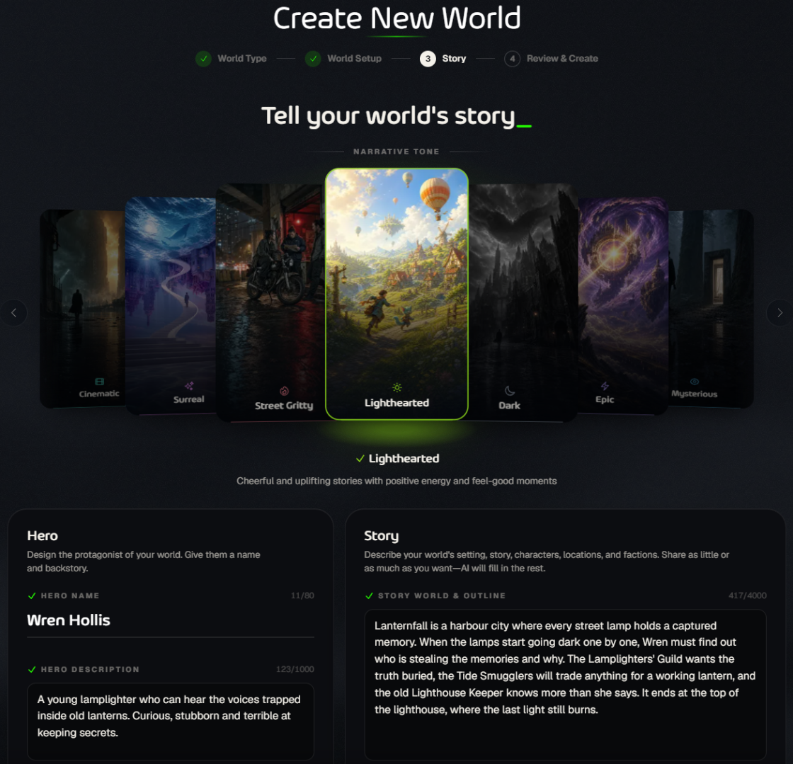 The Story step with the narrative tone carousel, the Hero fields and the story outline