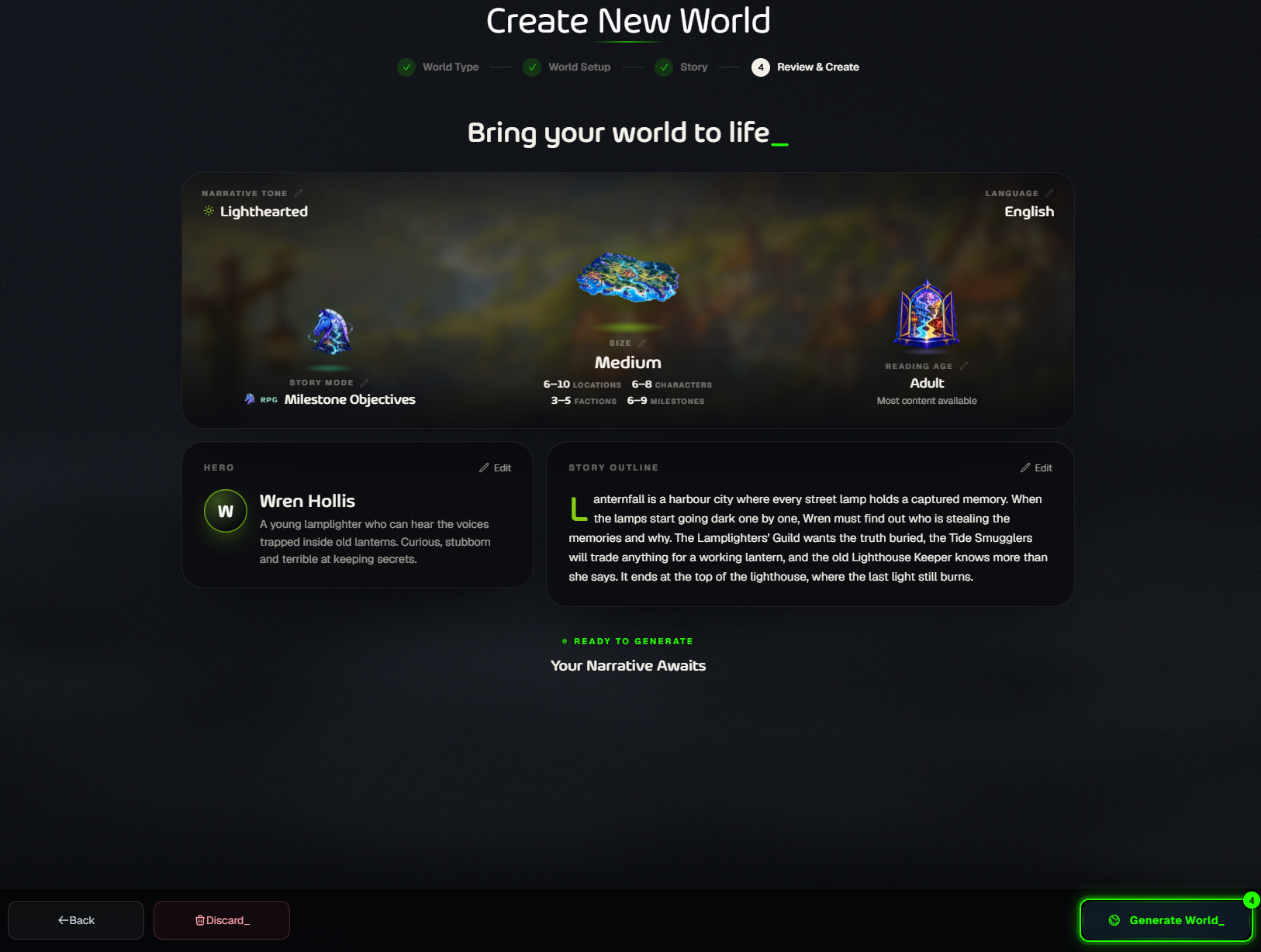 The Review & Create step with the Generate World button highlighted