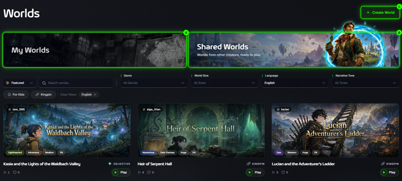 The Worlds page with Shared Worlds open, filters and world cards