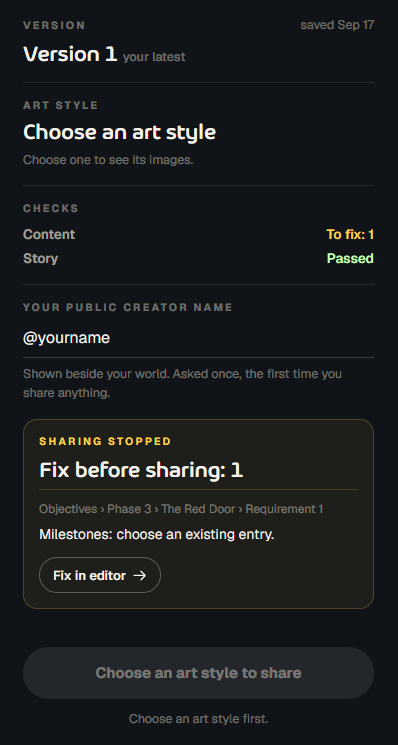 The Share panel with version, art style, checks, the public creator name and a Fix before sharing box