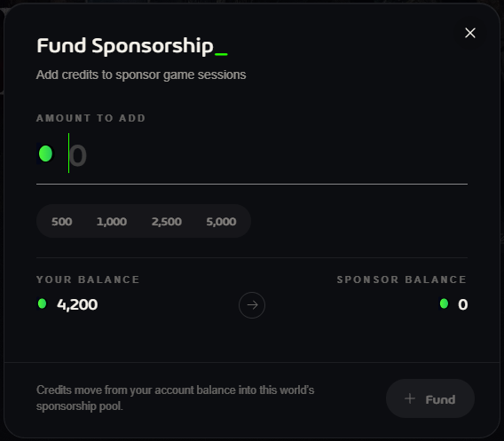 The Fund Sponsorship window with amount presets, your balance and the sponsor balance
