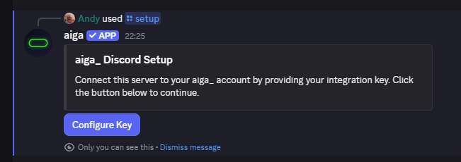 The bot’s reply to /setup with the Configure Key button