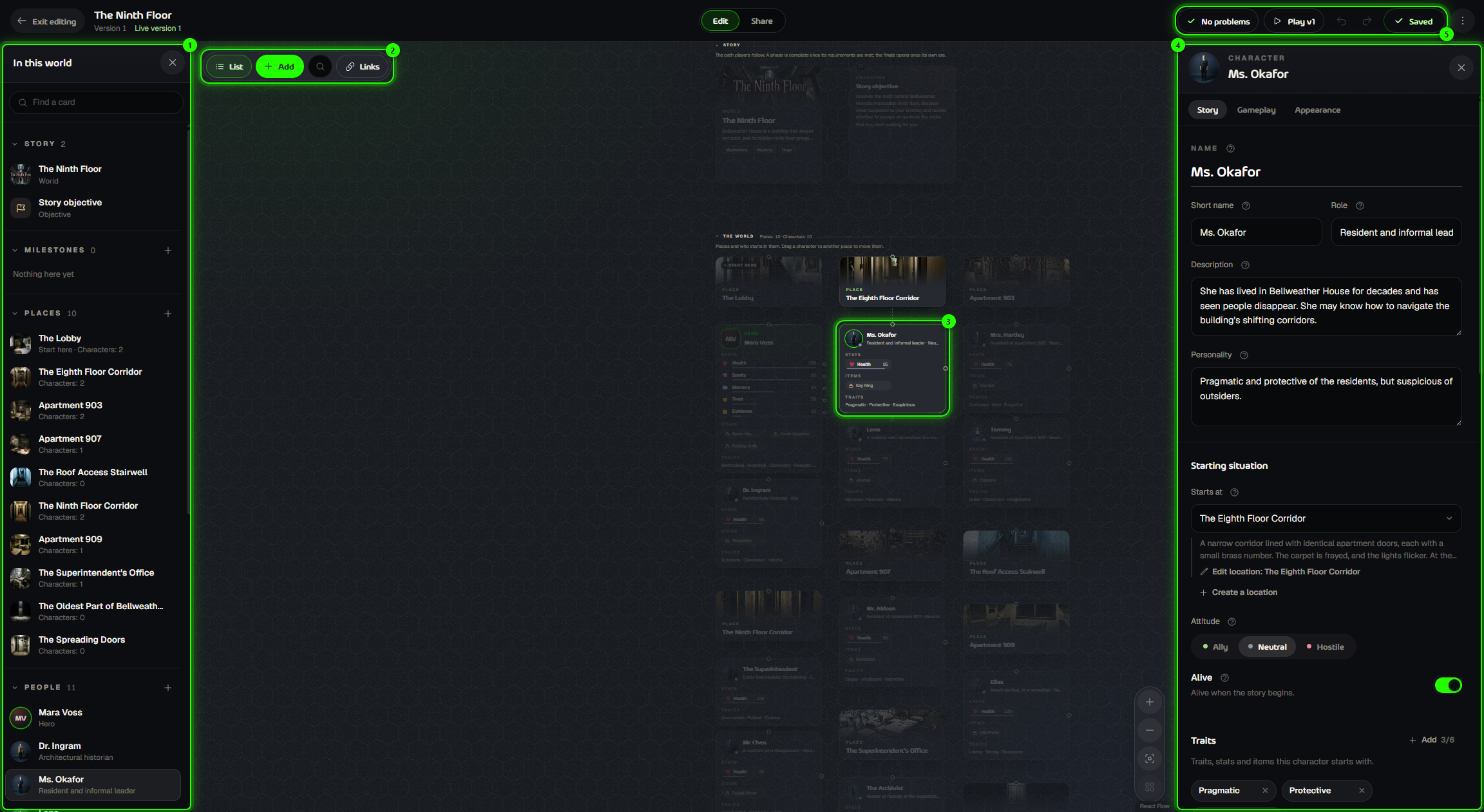 The World Editor with the List, toolbar, map, card editor and save controls numbered 1 to 5