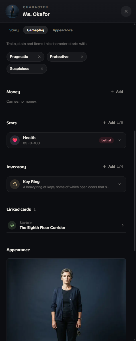 The Gameplay tab of a character card with traits, money, stats, inventory and linked cards