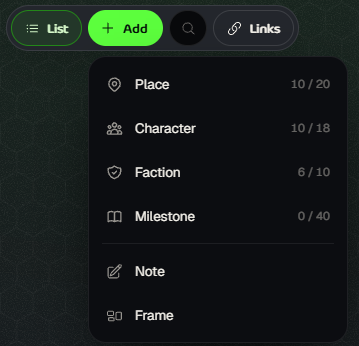 The Add menu with Place, Character, Faction, Milestone, Note and Frame and their limits