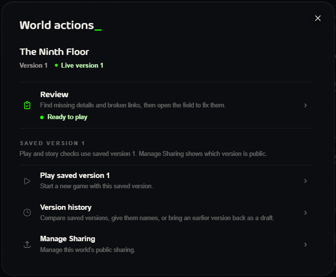 The World actions window with Review, Play saved version, Version history and Manage Sharing