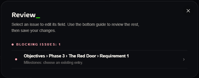 The Review window listing a blocking issue on a phase requirement