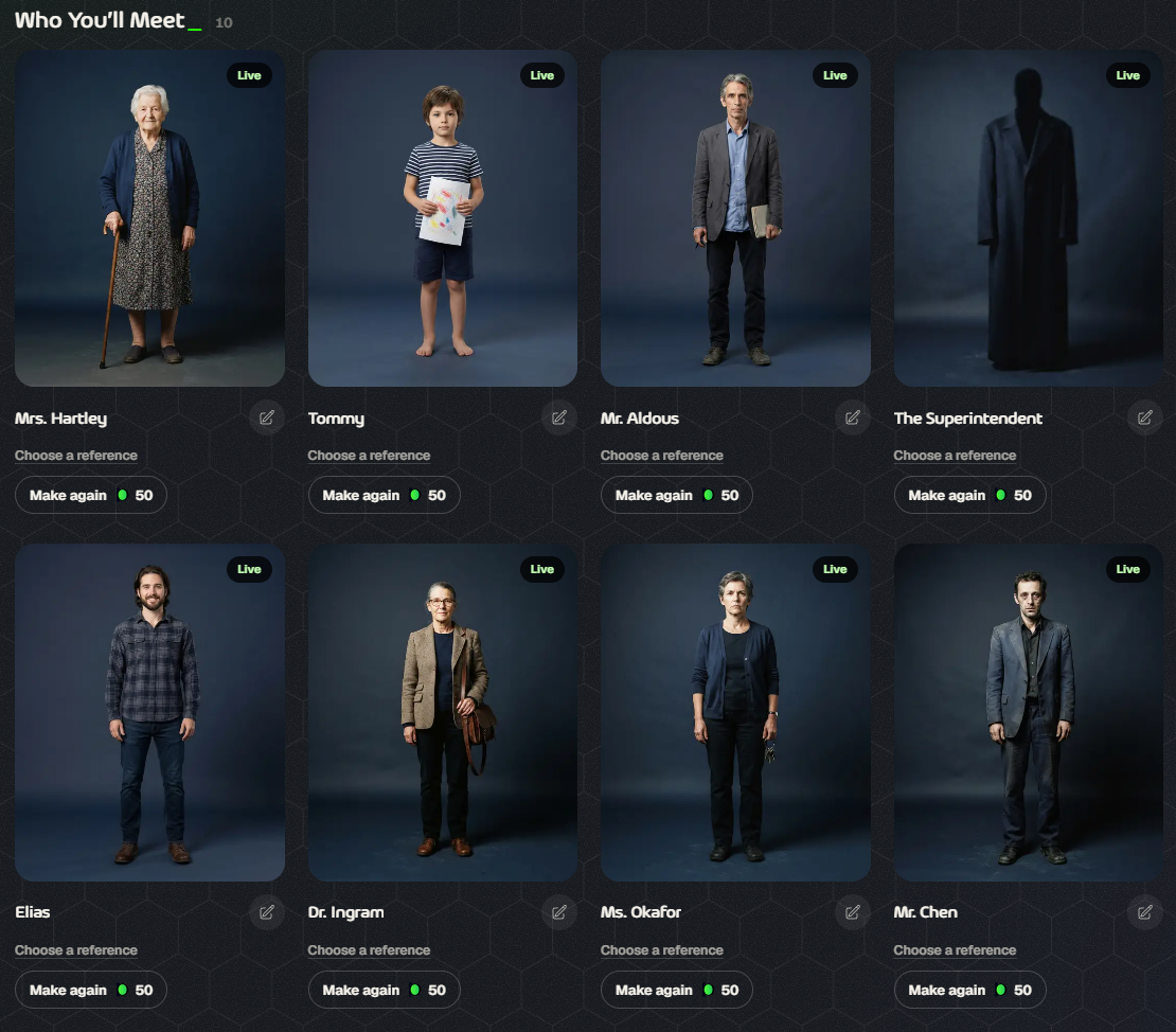 Character pictures on the Share screen, each marked Live with Choose a reference and Make again