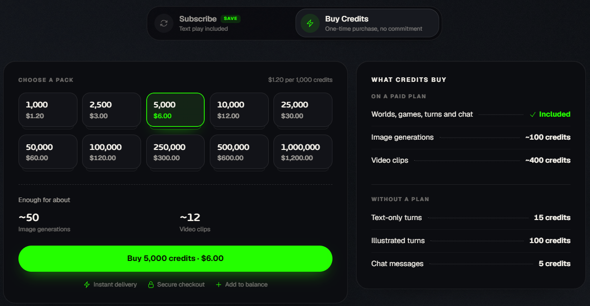 The Buy Credits tab with ten packs, what a pack is enough for, and what credits buy with and without a plan