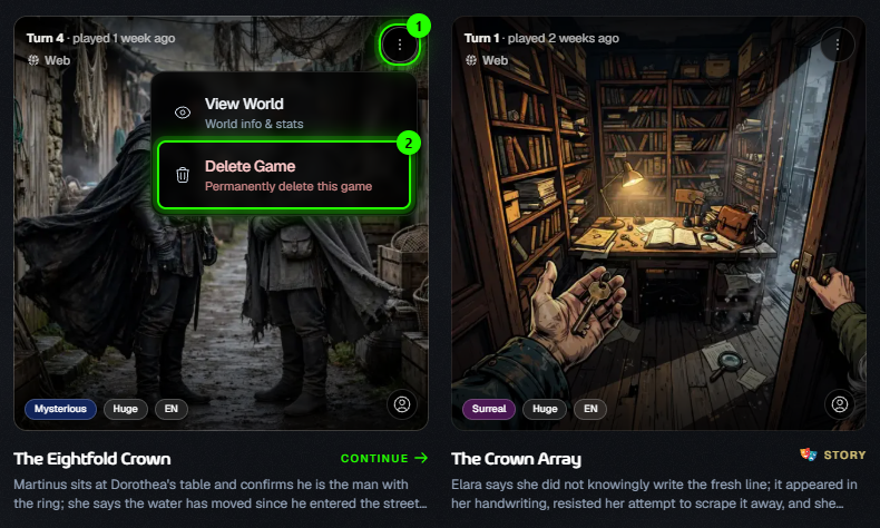 A game card on the Games page with its ⋮ menu open and Delete Game highlighted