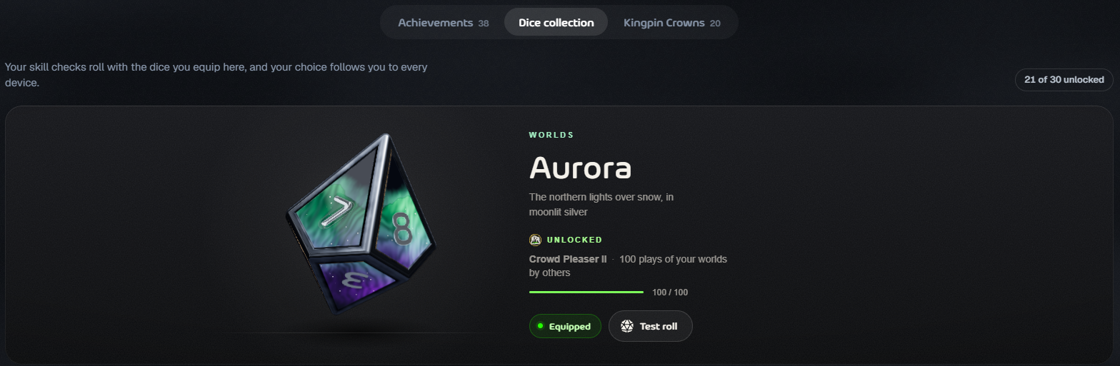 The Dice collection tab on the Profile page, showing the equipped Aurora die, how it was unlocked, and the Test roll button