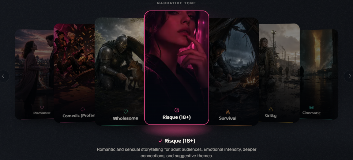The Risque (18+) tone selected in the Create New World carousel